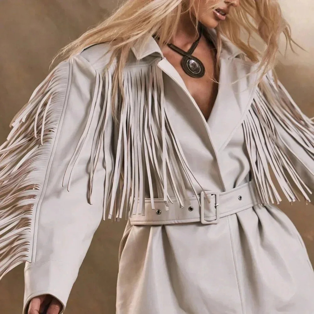 Beige Casual Women's Western Boho Fringe Woven Fabric Jacket - Picture 5 of 5